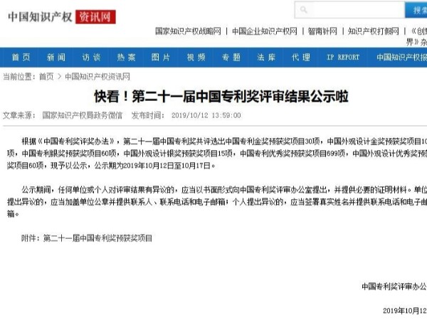 快看！第二十一屆中國專利獎評審結果公示啦