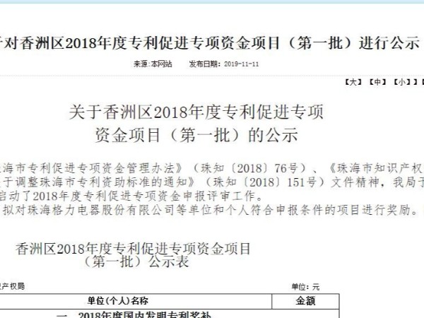 關于對香洲區2018年度專利促進專項資金項目（第一批）進行公示